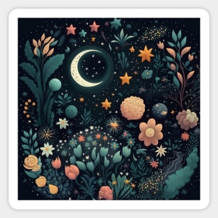 Celestial Bohemian Flowers Aesthetic Design Stars Moon Floral Cosmic Pattern Sticker